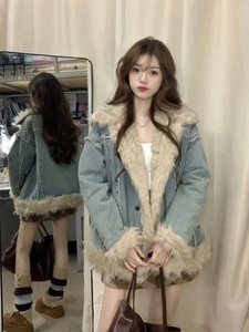 韩系小个子学院风牛仔拼接毛毛外套女秋冬高级感加厚超好看的棉服