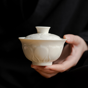 仿宋定窑白陶瓷盖碗茶杯功夫茶具三才大容量防烫手家用莲花泡茶碗