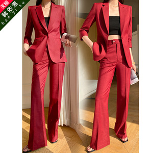 酒红色时尚西装套装女夏季新款高端正式场合七分袖休闲女神范正装