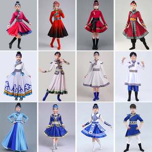 蒙古服族儿童舞蹈演出服蒙古袍女童幼儿园服饰筷子舞白马表演服装