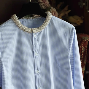 法式OL风蓝色条纹衬衫女西装内搭高级感重工钉珠水钻长袖圆领衬衣