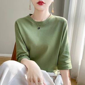 纯棉草绿色短袖T恤女夏季宽松圆领体恤大牌高端中袖七分袖上衣