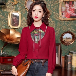 红色新中式刺绣衬衫女中国风小众盘扣雪纺衬衣搭配马面裙的上衣