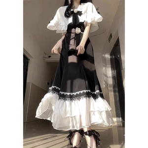 白色披肩黑色鱼尾裙lolita套装女洋装洛丽塔优雅华丽礼服公主裙