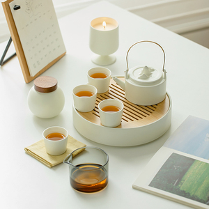 拓土奶油黄提梁茶壶茶杯茶盘套装家用陶瓷简约中式功夫茶具下午茶