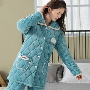 珊瑚绒睡衣女冬季新款三层夹棉中长款加厚加绒棉袄超厚保暖家居服