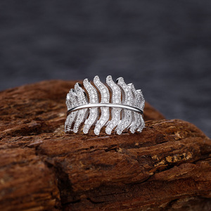 高端新品芭蕉叶戒指女式纯银微镶满钻指环个性宽版欧美