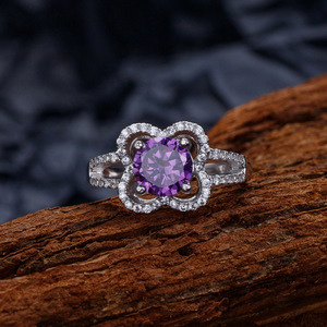 高端7.5mm紫钻花朵微镶满钻纯银戒指女生欧美首饰品