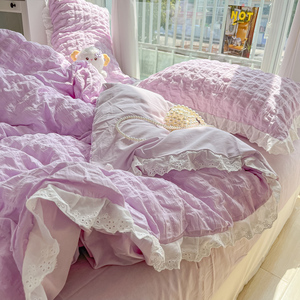 ins公主风被套150x200x230韩式花边被罩单件紫色床单床上用品被单