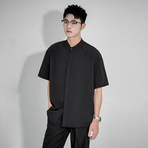 IZKZ黑色新中式男士夏季短袖衬衫新款冰丝高级感休闲立领半袖衬衣