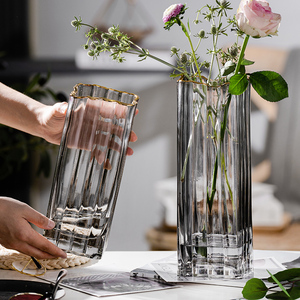 轻奢描金网红简约客厅花瓶摆件玻璃透明插花花器水养鲜花北欧装饰