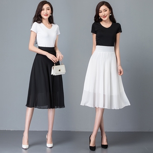 白色半身裙夏季新款中长款百搭高腰纯黑色女雪纺双层显瘦A字中裙