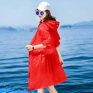 红色中长款连帽防晒衣女夏季薄款收腰百搭透气户外防晒服外套潮牌