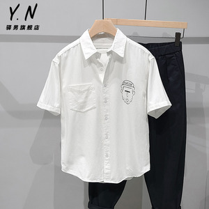 印花衬衫短袖男个性设计高级感人物图案时尚休闲新款夏季白色衬衣