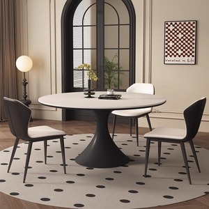 法式复古风圆形白色岩板餐桌椅组合简约现代小户型家用带转盘圆桌