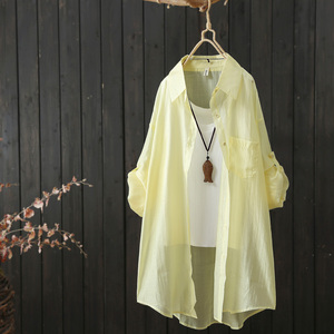 韩国鹅黄色长袖衬衫女防晒衣2024年夏季新款中长款空调开衫沙滩服