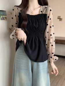 韩国网纱泡泡长袖雪纺衬衫女2024年夏季新款收腰显瘦遮肚方领上衣