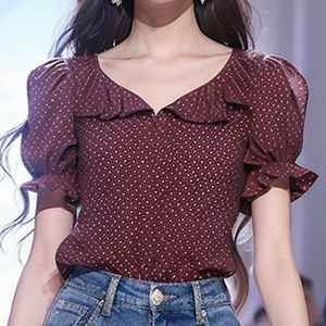 韩系设计感独特红色V领波点短袖衬衫女夏季新款减龄宽松洋气衬衣