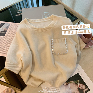 韩版短袖织针衫女2024春季新款设计款气质百搭打底毛衣小个子ins