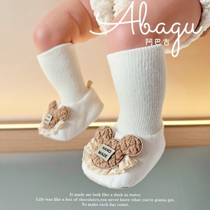 春秋季婴儿鞋袜新款0-1岁男女宝宝蕾丝不掉鞋新生幼儿室内地板袜