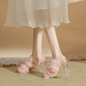 粉色毛毛拖鞋水晶跟2023秋冬新款粗跟高跟加绒毛绒少女小清新凉拖