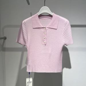 秋麦檬胧24夏季新款灰色粉色短袖翻领条纹羊毛衫针织衫4F4133761Q
