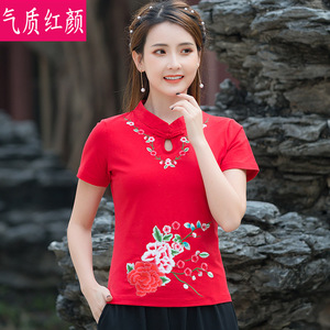 中国风复古中式盘扣刺绣上衣女民族风夏装大码女装绣花短袖棉t恤