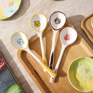 陶瓷勺子可爱卡通儿童吃饭汤匙瓷调羹小勺子长柄汤勺家用单个商用