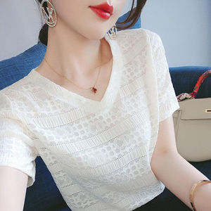 白色蕾丝衫短袖t恤洋气小衫2024夏季新款欧货V领漂亮气质雪纺上衣