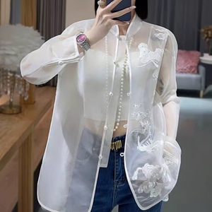 中式国风重工白色刺绣防晒衬衫外套女夏季薄款高端欧根纱透视上衣