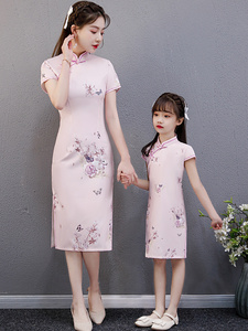 亲子旗袍母女装儿童夏季女改良年轻款夏装短款粉色小孩2022年新款