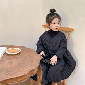 韩版童装女童连衣裙秋冬季儿童洋气夹棉菱格时尚棉裙小女孩公主裙