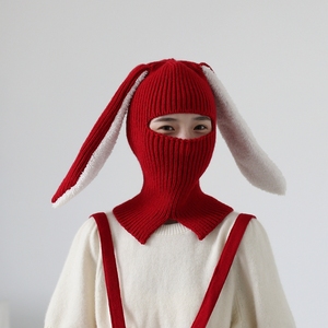 奶酷可爱兔子长耳朵护颈包头帽显脸小搞怪针织头套帽子甜妹大红色