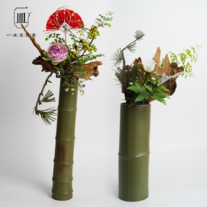 仿真陶瓷竹筒家居禅意摆件创意花瓶中式插花器皿日式竹节壁挂花器