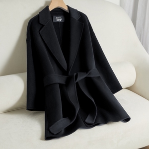黑色双面羊绒大衣女短款系带高端小个子修身羊毛呢子外套2022