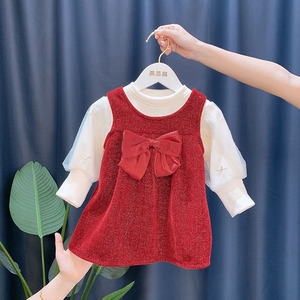 女童连衣裙秋冬款加绒婴儿新年红色衣服一周岁礼服女宝宝公主裙子