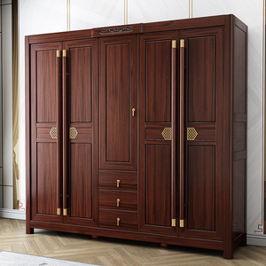 全实木衣柜乌金木现代中式卧室家用三四五门大衣橱柜纯实木储物柜