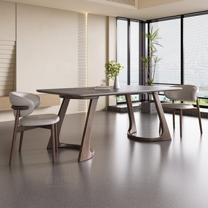意式实木灰色岩板餐桌椅现代简约进口白蜡木长方形中古风北欧饭桌