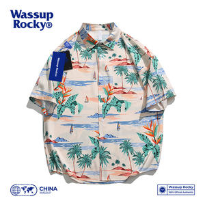 WASSUP ROCKY短袖衬衫夏威夷风椰树花衬衣夏季宽松潮牌休闲半袖男