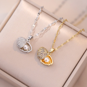 韩版贝壳珍珠锆石镶钻时尚简约高级感防掉色轻奢气质钛钢项链女