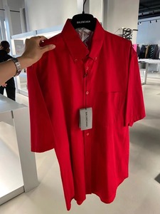 国内现货37码1件BALENCIAGA巴黎世家男士红色短袖衬衫休闲衬衣夏