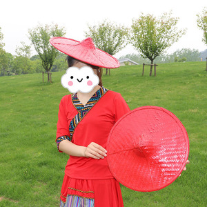 少数民族舞蹈帽子女表演道具竹编斗笠红色花腰傣族节目六一儿童节