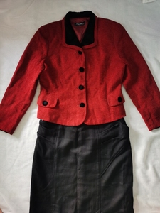 Vintage复古红黑丝绒拼接翻领女西装外套西装半裙包臀裙