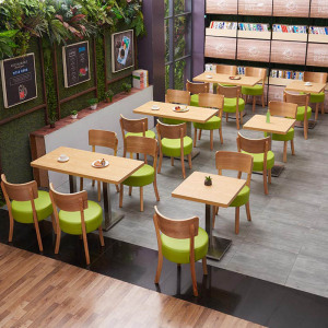 简约小食甜品奶茶店桌椅组合茶馆餐厅实木长方形4人2人单桌圆凳子