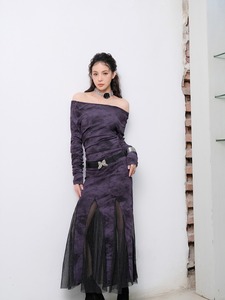 深紫色拼接黑纱春夏荡领设计性感连衣裙