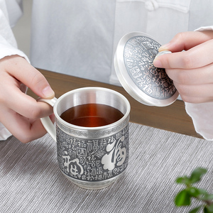 银杯子999纯银手工錾刻银水杯马克杯大号家用加大厚茶缸茶具精品