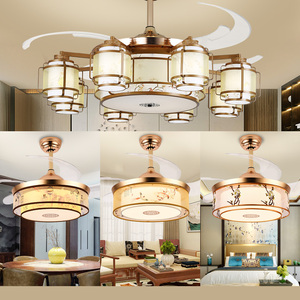 新中式豪华隐形吊扇灯家用客厅餐厅大厅饭厅变频带电风扇吊灯金色