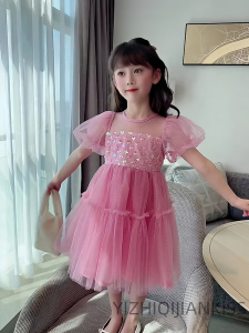 女童连衣裙夏季2024新款儿童裙子可爱镶钻蓬蓬裙粉红色网纱公主裙
