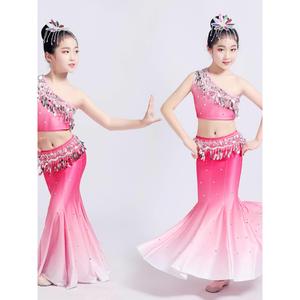 新款儿童傣族舞蹈服弹力孔雀舞演出服装女童少儿傣族鱼尾裙演出服
