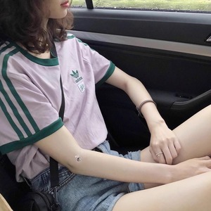 Adidas三叶草经典三条杠女香芋紫运动休闲圆领纯棉短袖T恤 DU9893